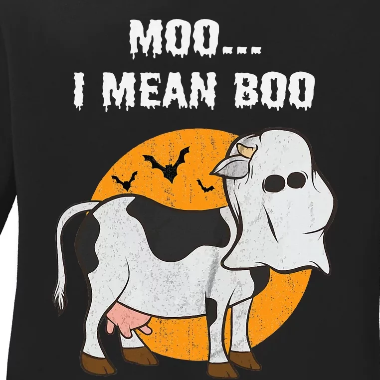 Ghost Cow Moo I Mean Boo Halloween Ladies Long Sleeve Shirt