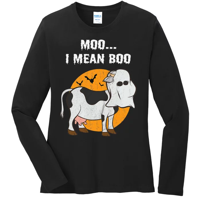 Ghost Cow Moo I Mean Boo Halloween Ladies Long Sleeve Shirt