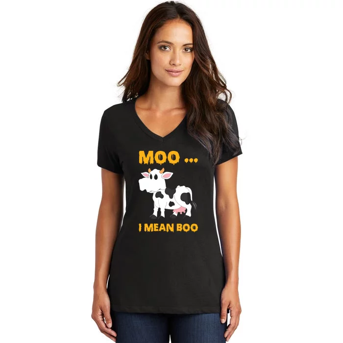 Ghost Cow Moo I Mean Boo Halloween Women's V-Neck T-Shirt