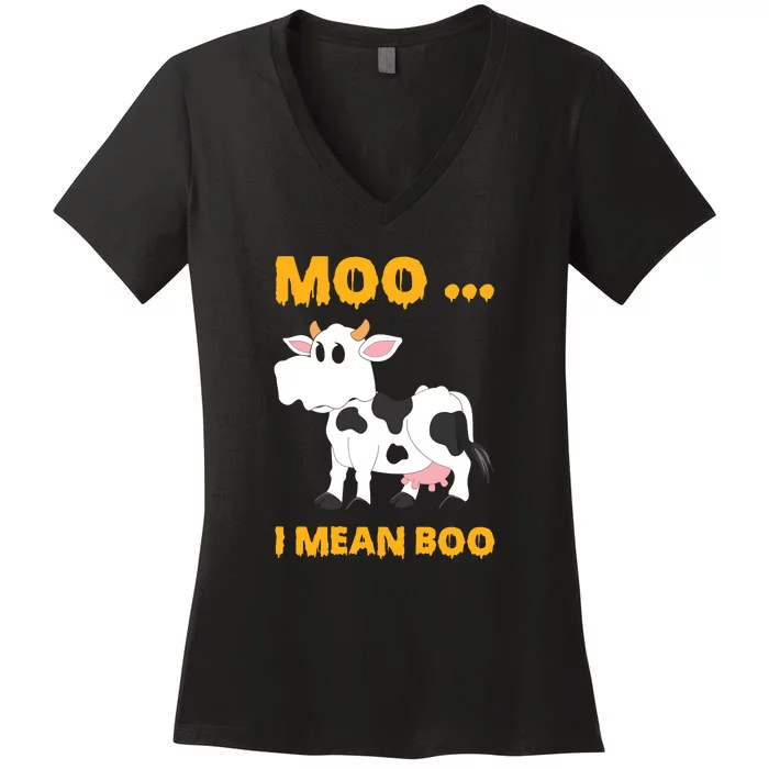 Ghost Cow Moo I Mean Boo Halloween Women's V-Neck T-Shirt