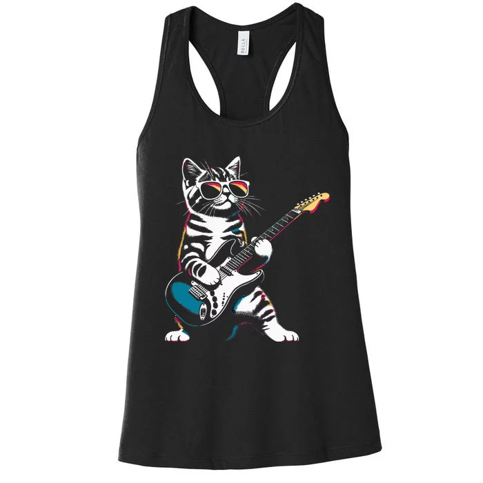 Guitar Cat Novelty Rock Music Band Concert Funny Cat Women's Racerback Tank