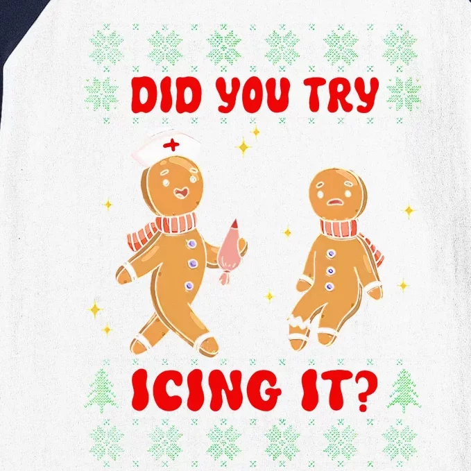 Groovy Christmas Nurse Gingerbread Man Did You Try Icing It Baseball Sleeve Shirt