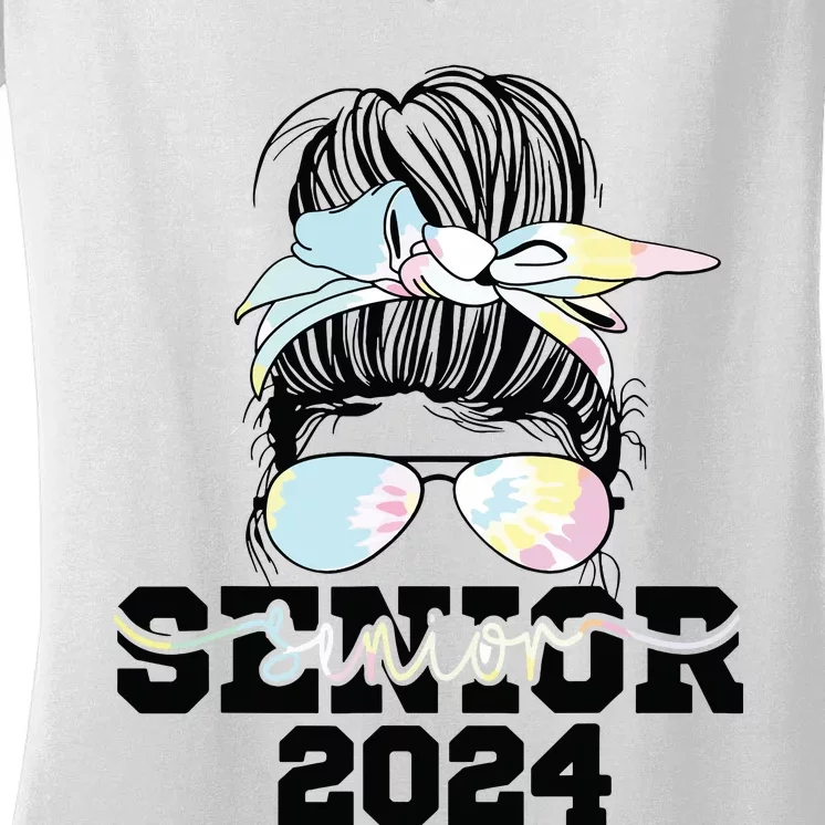 Girl Class Of 2024 Messy Bun Seniors 24 School Women's V-Neck T-Shirt