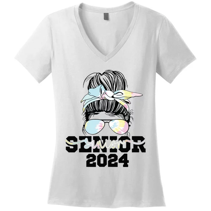 Girl Class Of 2024 Messy Bun Seniors 24 School Women's V-Neck T-Shirt