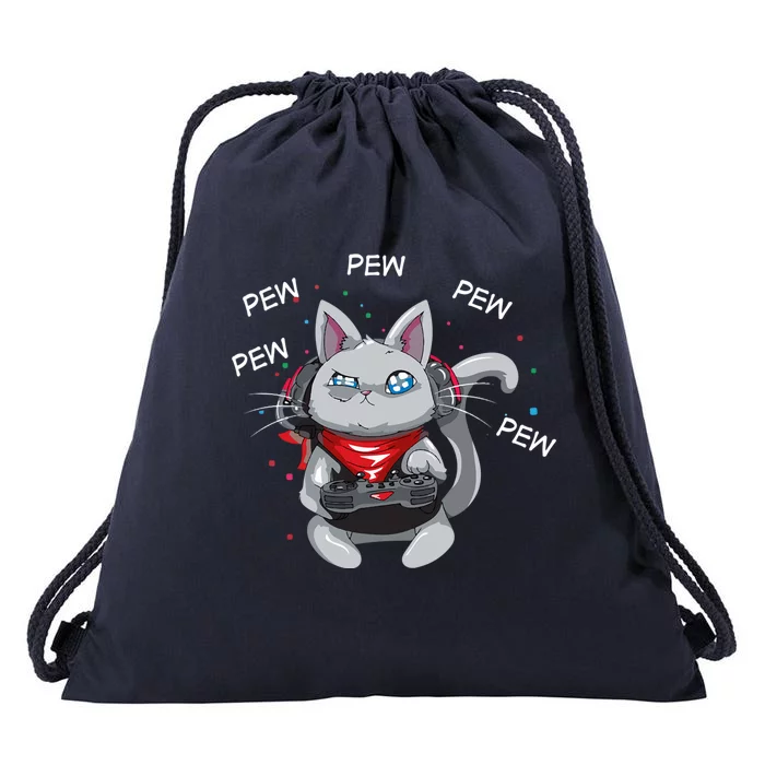 Gamer Cat Pew Pew Pew Cute Cat Funny Animal Kitty Cats Gift Drawstring Bag