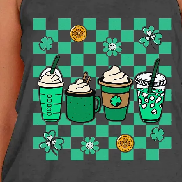 Groovy Checkered Patrick's Day Coffee Shamrock Irish Lucky Women's Knotted Racerback Tank