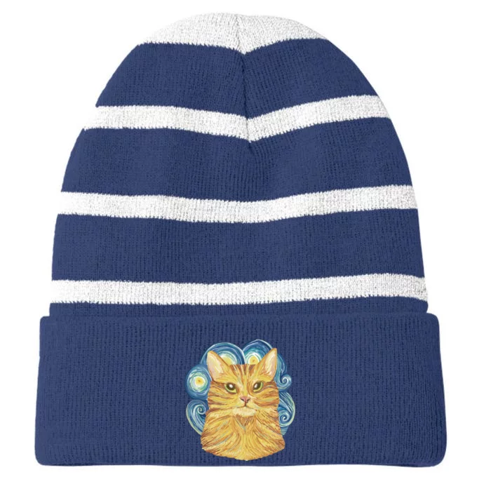 Golden Cat Post Impressionism Striped Beanie with Solid Band