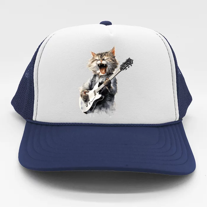 Guitar Cat Rock Cat Playing Guitar Trucker Hat