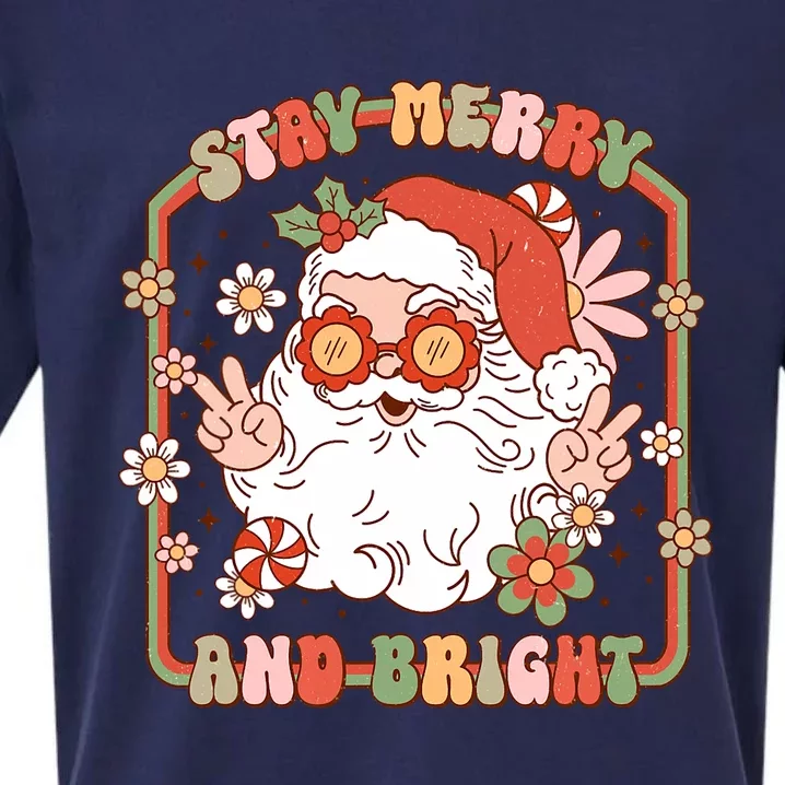 Groovy Christmas Retro Stay Merry And Bright Santa Claus Sueded Cloud Jersey T-Shirt