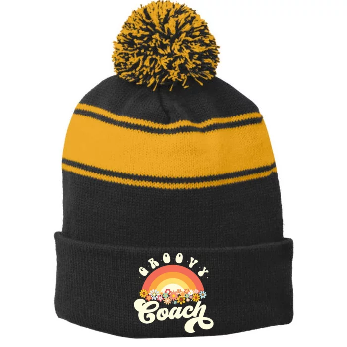 Groovy Coach Retro Rainbow Colorful Flowers Design Coach Stripe Pom Pom Beanie