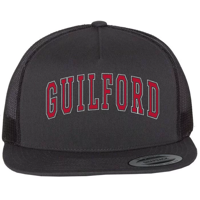 Guilford Connecticut Souvenir College Style Red Text Flat Bill Trucker Hat