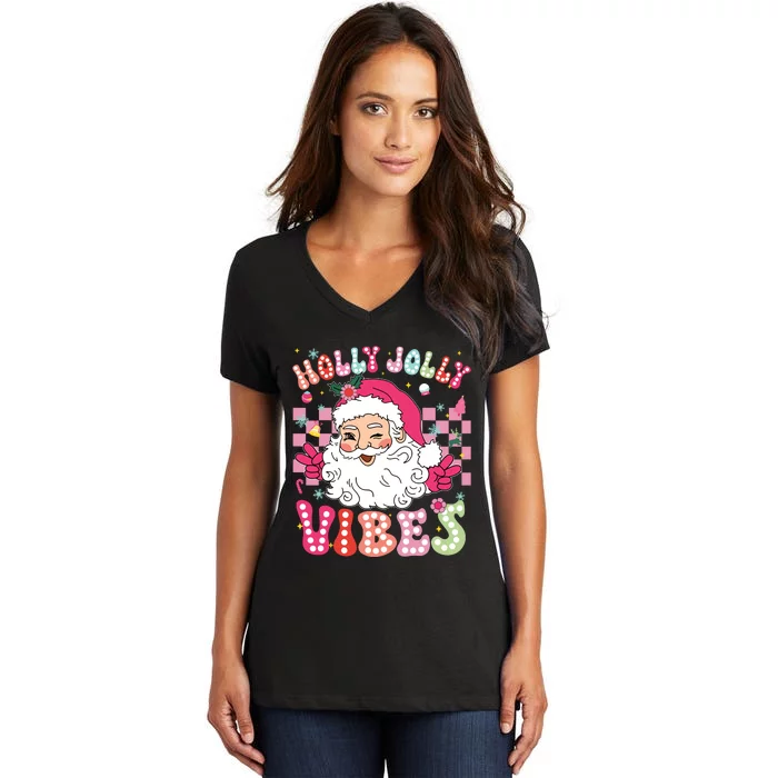 Groovy Cute Santa Claus Christmas Vibes Xmas Girl Women's V-Neck T-Shirt