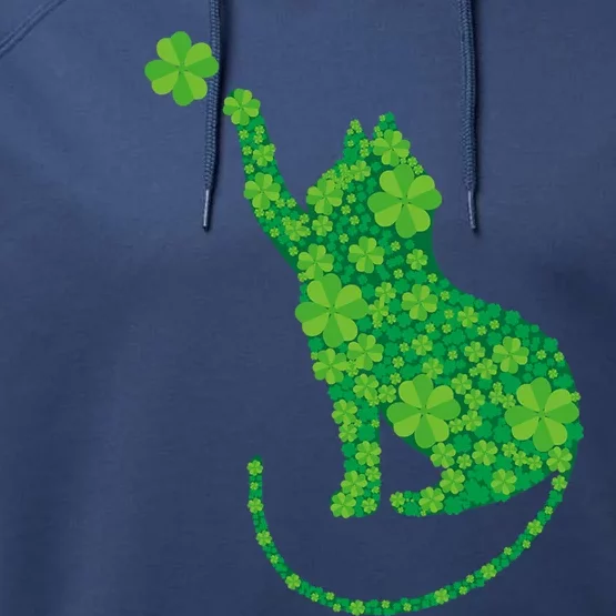 Green Cat Silhouette Shamrocks St Patricks Day Gift Performance Fleece Hoodie