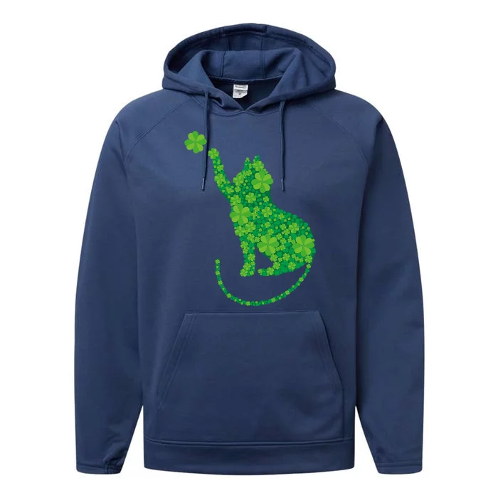 Green Cat Silhouette Shamrocks St Patricks Day Gift Performance Fleece Hoodie