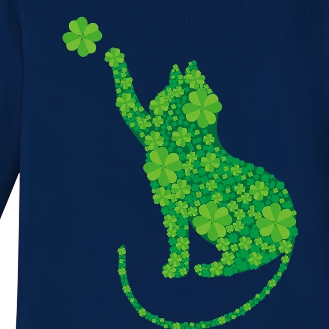 Green Cat Silhouette Shamrocks St Patricks Day Gift Baby Long Sleeve Bodysuit