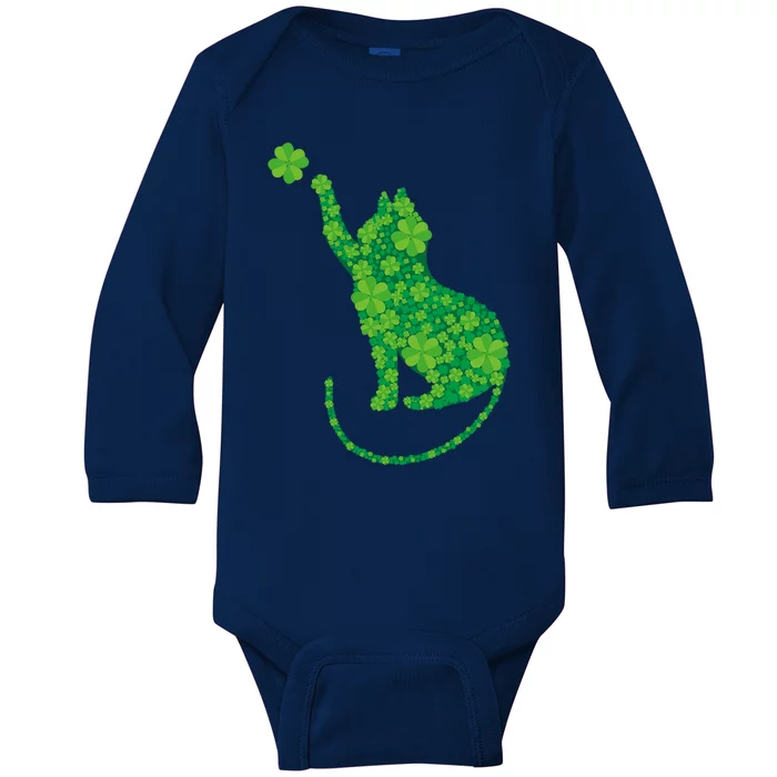 Green Cat Silhouette Shamrocks St Patricks Day Gift Baby Long Sleeve Bodysuit