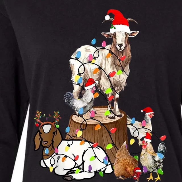 Goat Chicken Santa Hat Reindeer Christmas Lights Farm Animal Womens Cotton Relaxed Long Sleeve T-Shirt