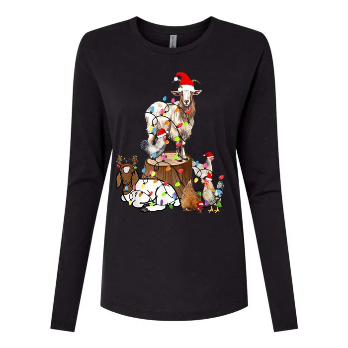 Goat Chicken Santa Hat Reindeer Christmas Lights Farm Animal Womens Cotton Relaxed Long Sleeve T-Shirt