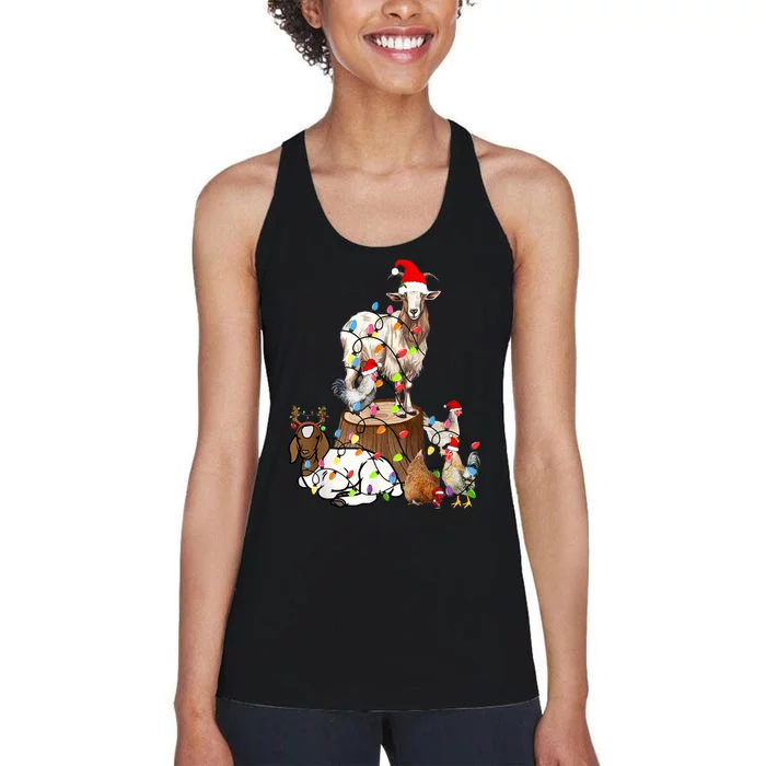 Goat Chicken Santa Hat Reindeer Christmas Lights Farm Animal Women's Racerback Tank