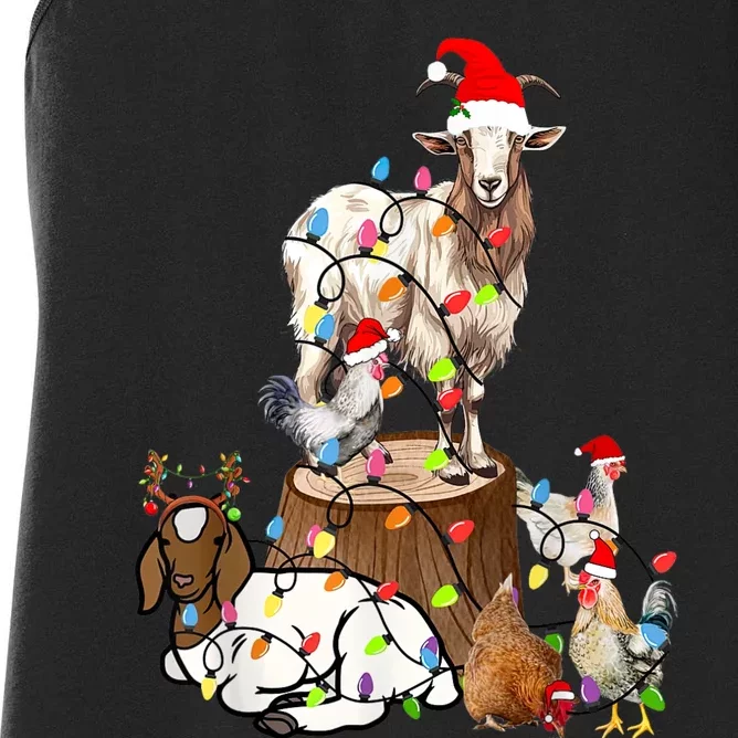 Goat Chicken Santa Hat Reindeer Christmas Lights Farm Animal Women's Racerback Tank