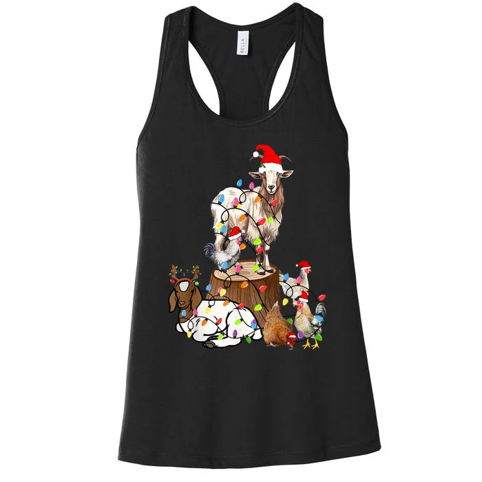 Goat Chicken Santa Hat Reindeer Christmas Lights Farm Animal Women's Racerback Tank