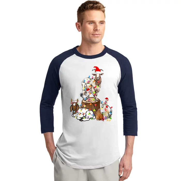 Goat Chicken Santa Hat Reindeer Christmas Lights Farm Animal Baseball Sleeve Shirt