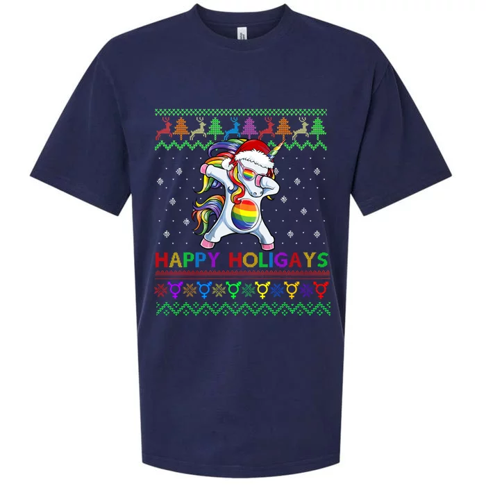 Gay Christmas Sweater Happy Holigays Rainbow Dabbing Unicorn Sueded Cloud Jersey T-Shirt