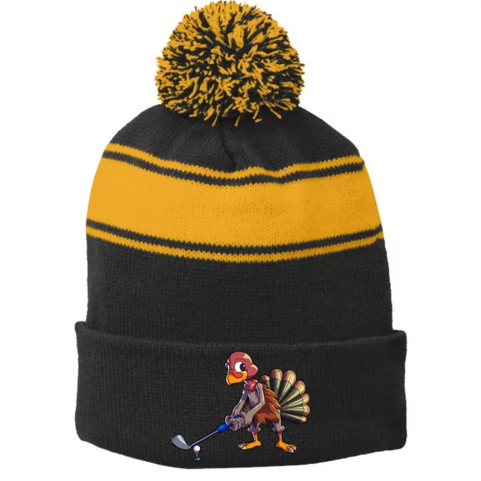 Golf Club Thanksgiving Kids Golfing Turkey Stripe Pom Pom Beanie