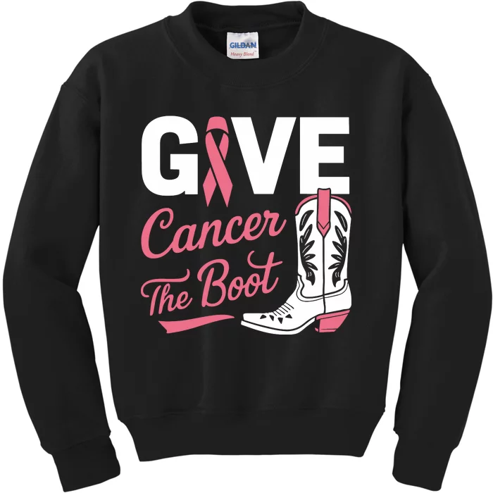 Give Cancer The Boot Cowgirl Breast Cancer Ribbon Kids Sweatshirt