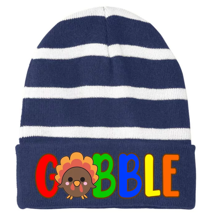 Gobble Colorful Turkey Thanksgiving Striped Beanie with Solid Band