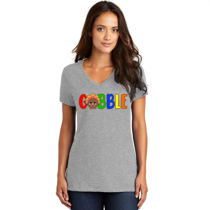 Gobble Colorful Turkey Thanksgiving Women's V-Neck T-Shirt