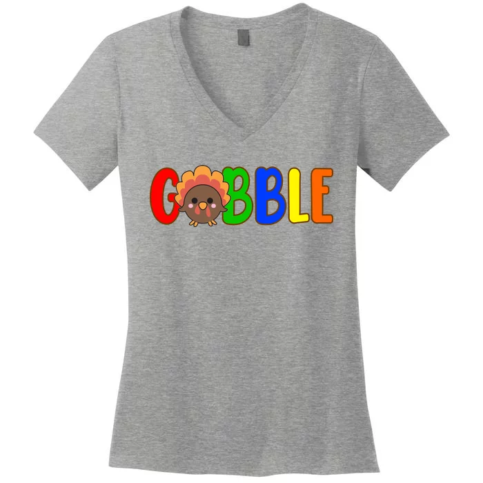 Gobble Colorful Turkey Thanksgiving Women's V-Neck T-Shirt