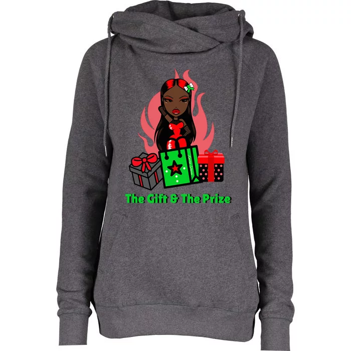 Girly Christmas The Gift And The Prize Xmas Cute Fun Holiday Womens Funnel Neck Pullover Hood