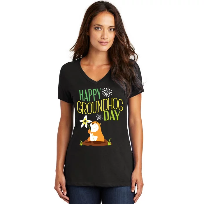 Groundhog Day 2024 Happy Ground Hog Women's V-Neck T-Shirt