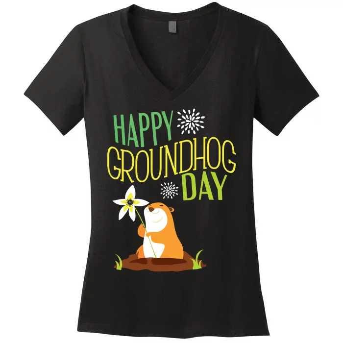 Groundhog Day 2024 Happy Ground Hog Women's V-Neck T-Shirt