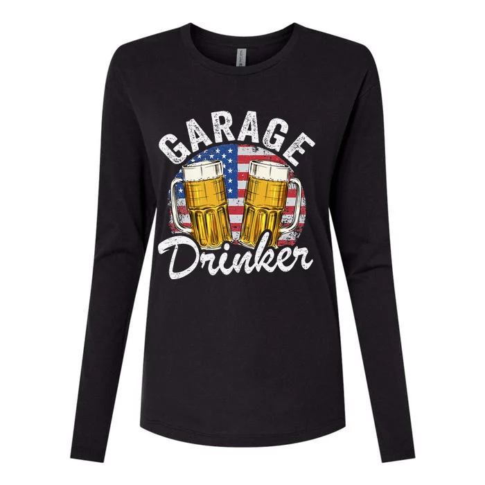 Garage Drinker 4th Of July American Flag Dad Garage Womens Cotton Relaxed Long Sleeve T-Shirt