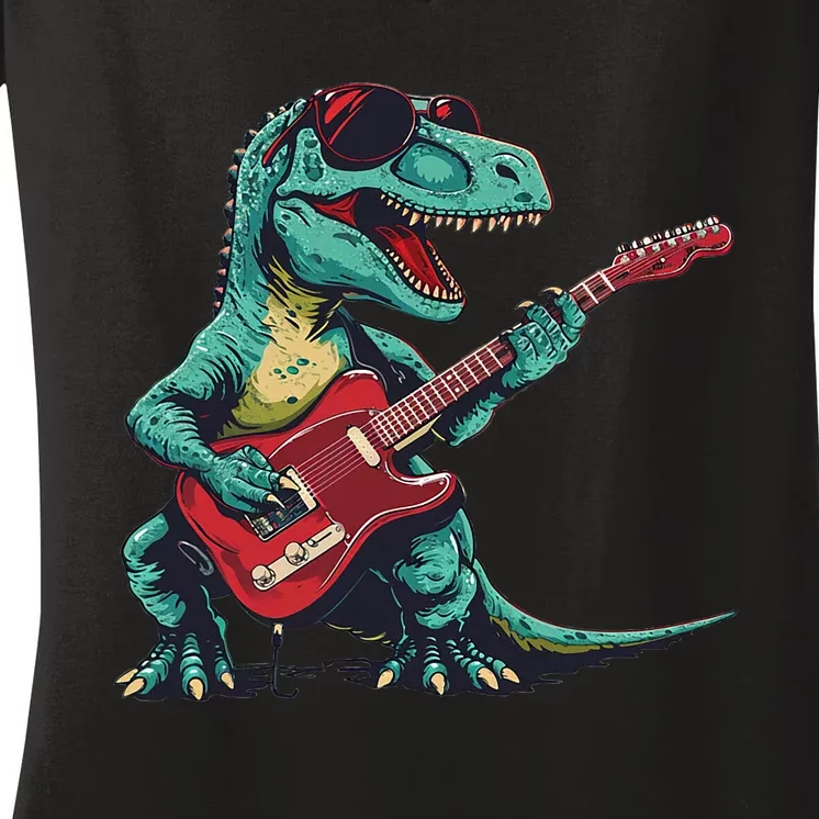 Guitar Dinosaur And Music Lovers Women's V-Neck T-Shirt