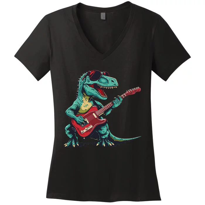 Guitar Dinosaur And Music Lovers Women's V-Neck T-Shirt