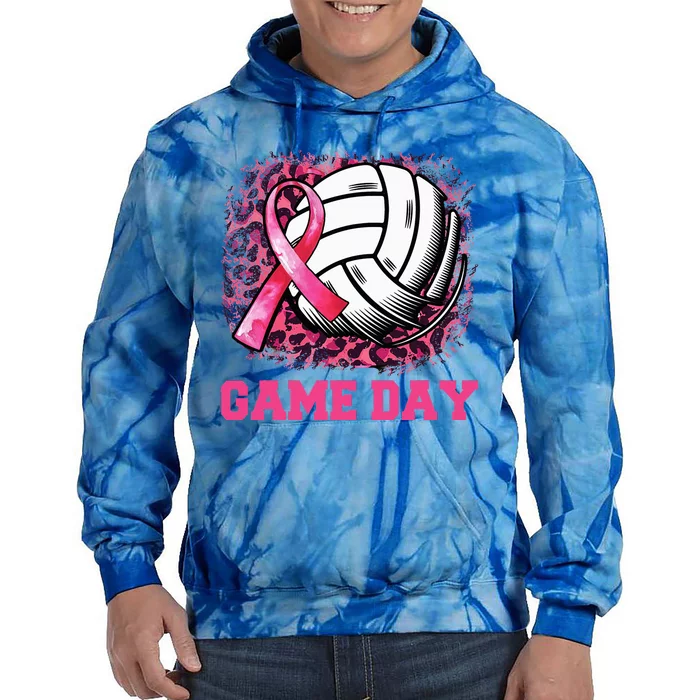 Game Day Breast Cancer Awareness Ribbon Pink Volleyball Tie Dye Hoodie