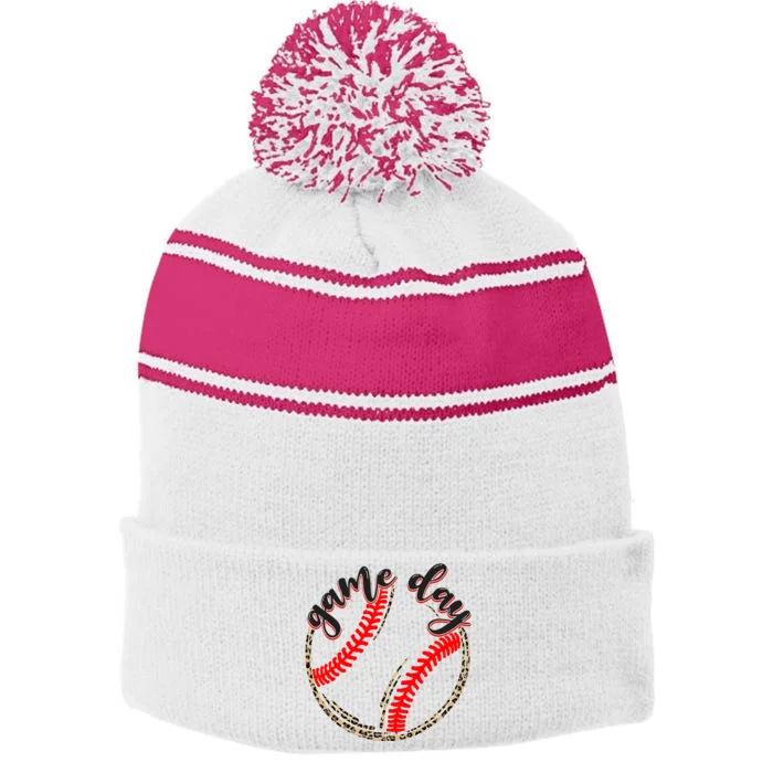 Game Day Baseball Life Softball Life Mom Mothers Day Leopard Stripe Pom Pom Beanie