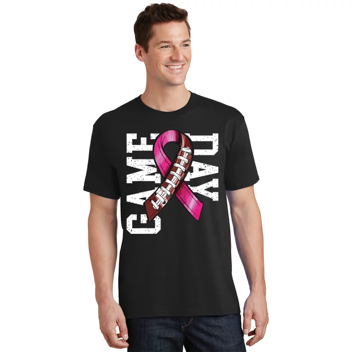 Game Day Breast Cancer Awareness Pink Football Ribbon T-Shirt