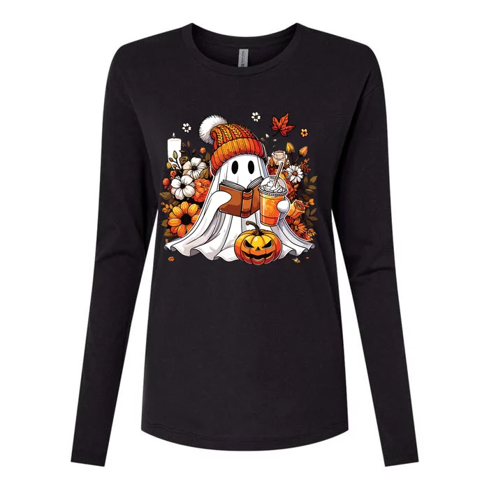 Ghost Drinking Coffee Book Reading Halloween Pumpkin Flower Womens Cotton Relaxed Long Sleeve T-Shirt