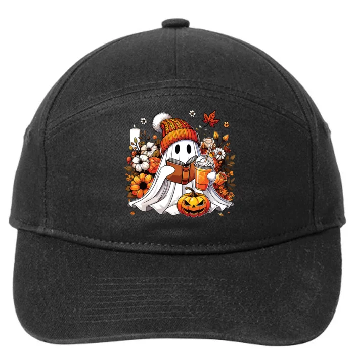 Ghost Drinking Coffee Book Reading Halloween Pumpkin Flower 7-Panel Snapback Hat