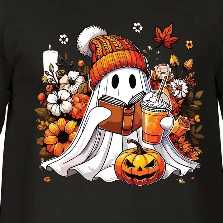 Ghost Drinking Coffee Book Reading Halloween Pumpkin Flower Comfort Colors T-Shirt