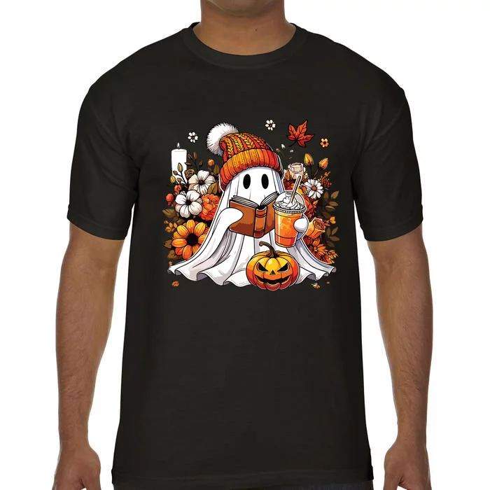 Ghost Drinking Coffee Book Reading Halloween Pumpkin Flower Comfort Colors T-Shirt