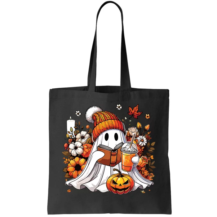 Ghost Drinking Coffee Book Reading Halloween Pumpkin Flower Tote Bag