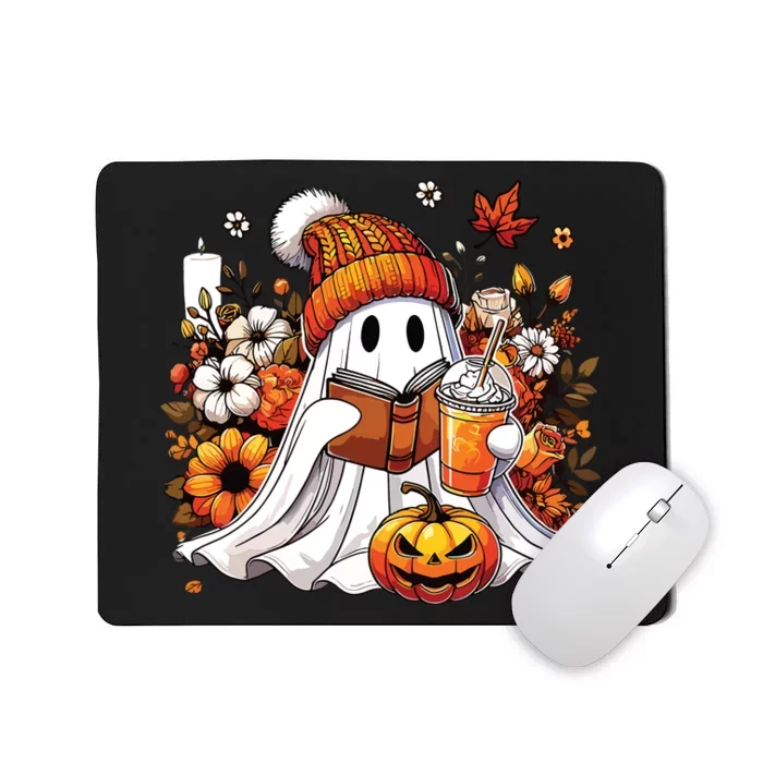 Ghost Drinking Coffee Book Reading Halloween Pumpkin Flower Mousepad