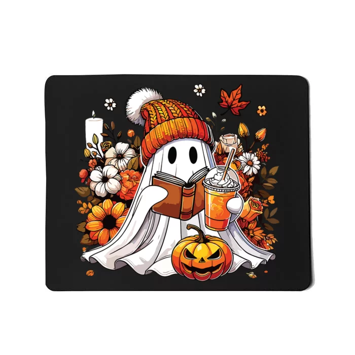 Ghost Drinking Coffee Book Reading Halloween Pumpkin Flower Mousepad