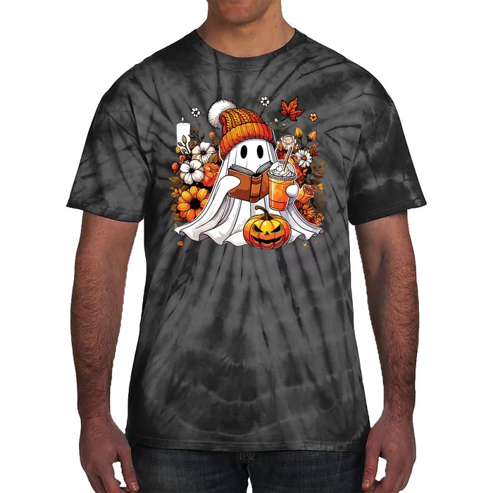 Ghost Drinking Coffee Book Reading Halloween Pumpkin Flower Tie-Dye T-Shirt