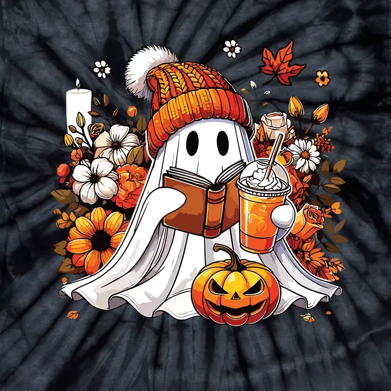 Ghost Drinking Coffee Book Reading Halloween Pumpkin Flower Tie-Dye T-Shirt